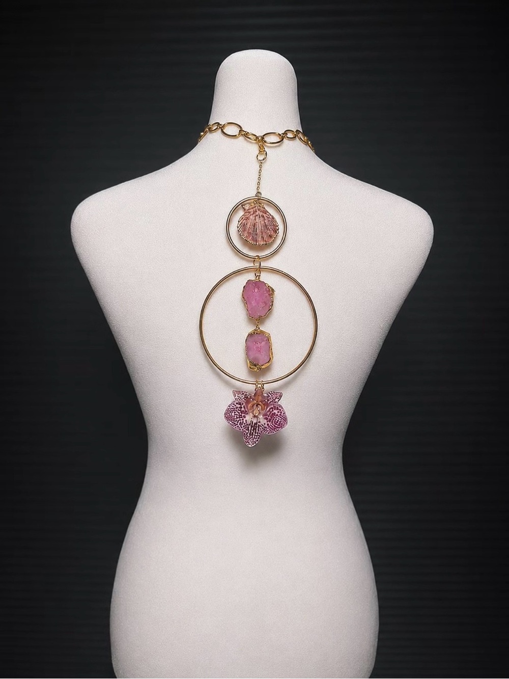 Unique Gold-Tone Dual  Necklace with Pink Gemstone and Orchid Pendant